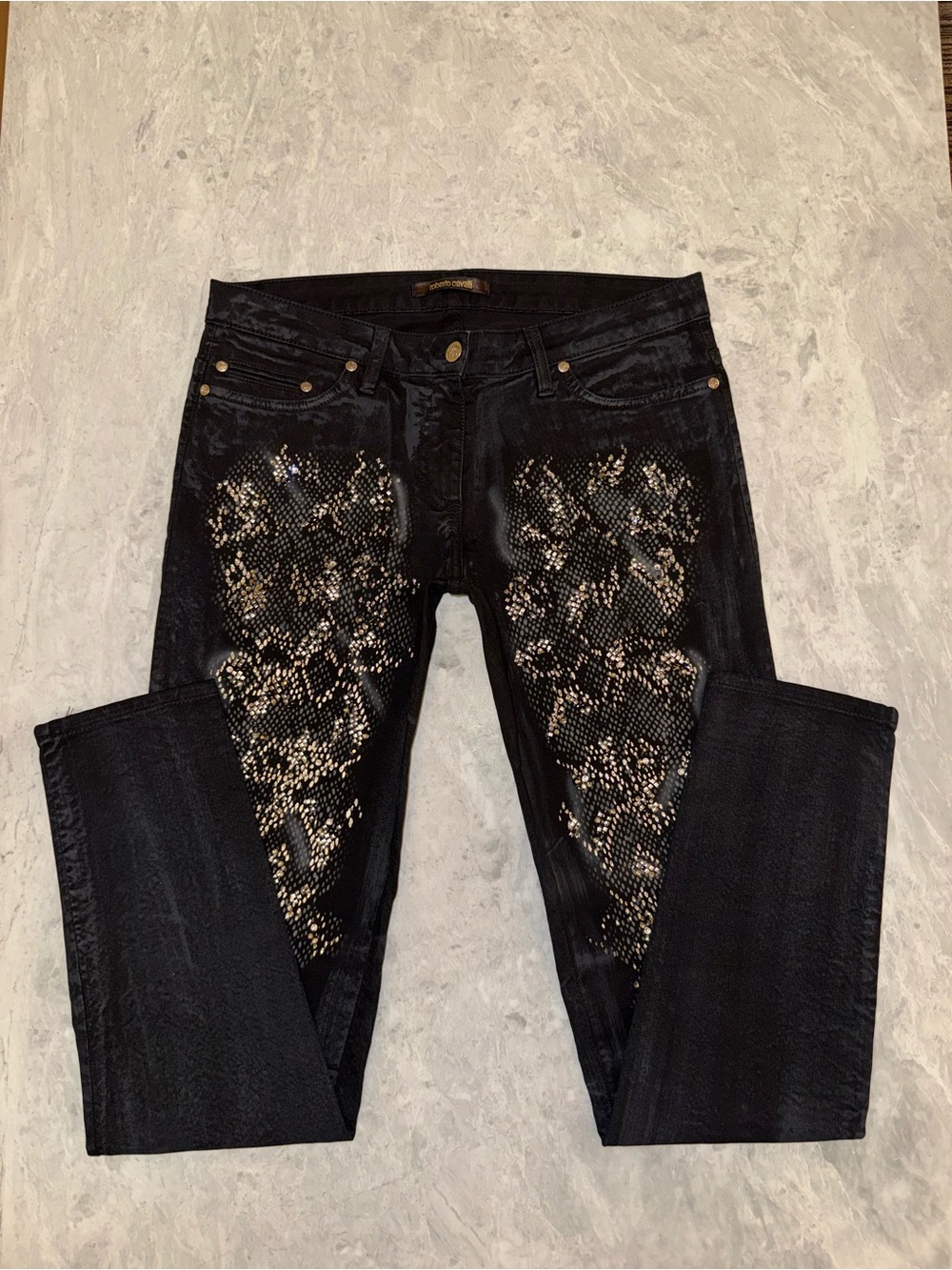 Roberto Cavalli Vintage Black Embellished Snake Print Jeans